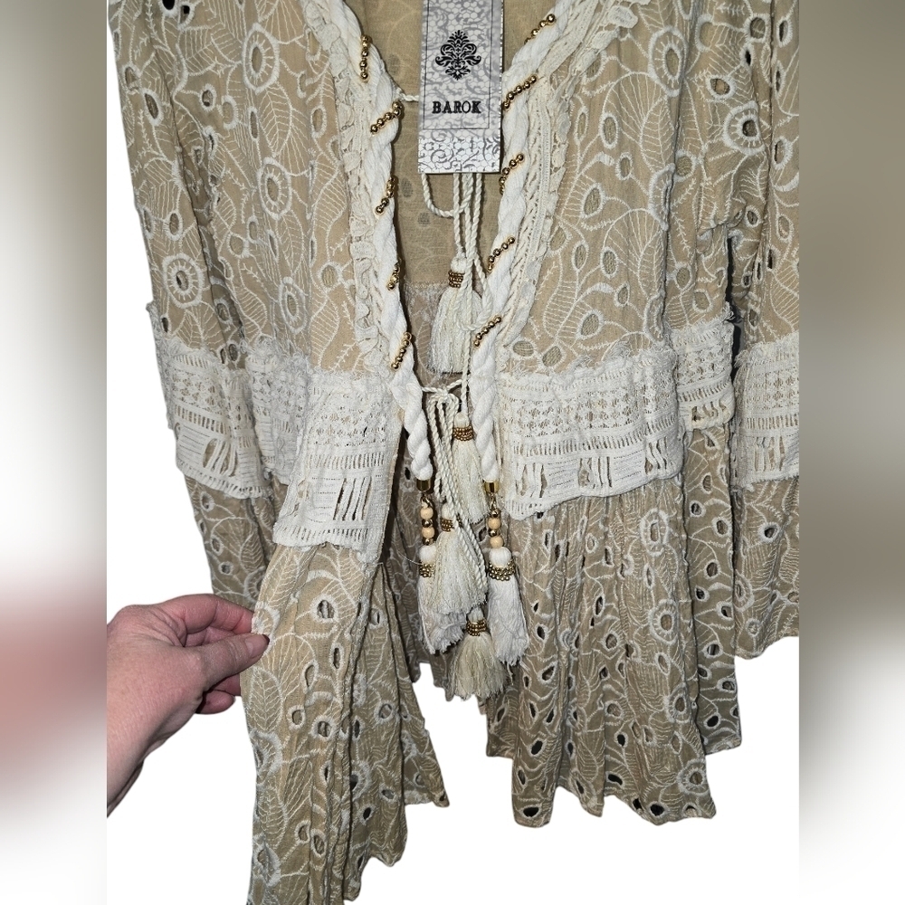 Gipsy Queen Barok Paris Boho Eyelet Lace Embroidered Open Tie-Front Cardigan Tan - Picture 8 of 16